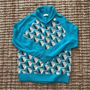BYPAC 100% Cashmere Shawl Collar Sweater Turquoise Geometric Men’s L NWOT